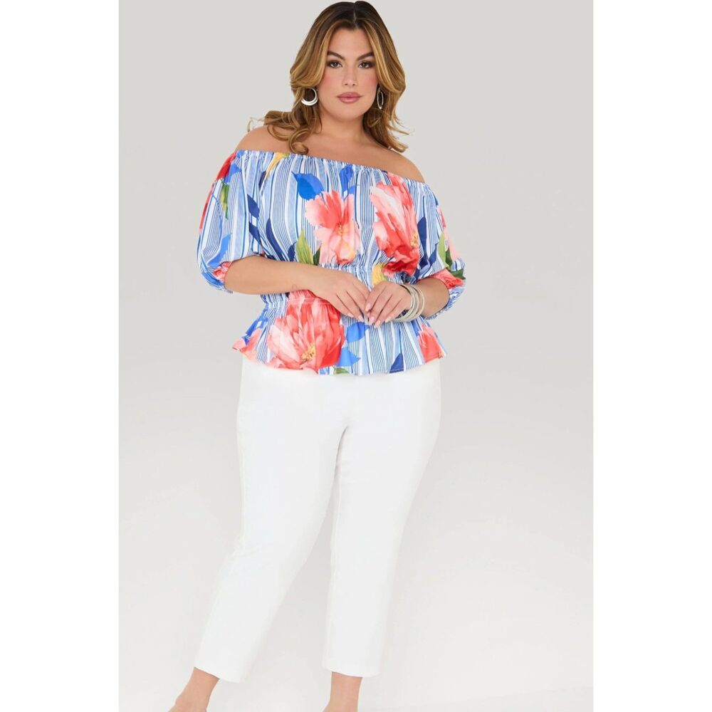 Ashley Stewart Floral Striped Peplum Top 18/20 Puff Sleeve NWT
